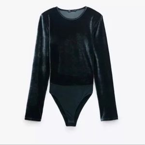Zara Bodysuit Velvet Long Sleeve Bodysuit Dark Blue Gray Women’s Size Medium